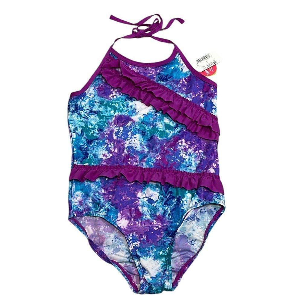 The Children’s Place Purple Ruffle Tie Dye One Piece Halter Swimsuit NEW